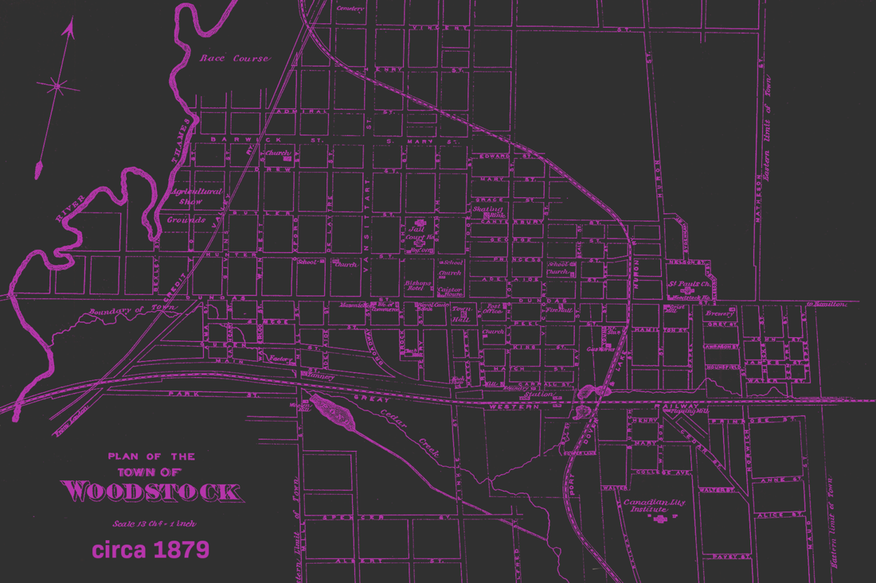 woodstock, ontario 1879 map [purple invert]