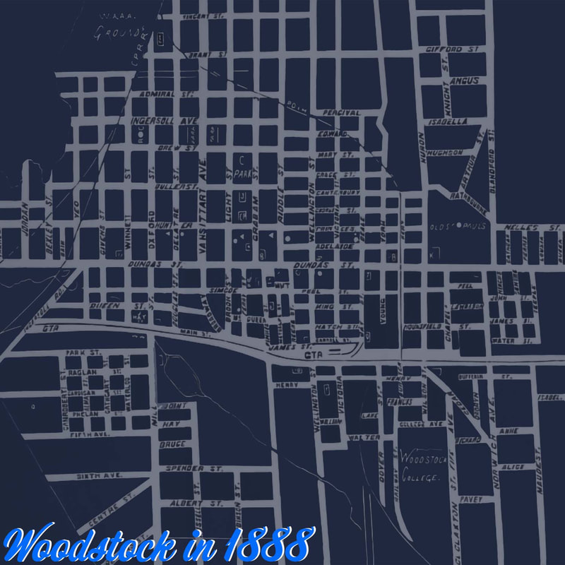 map of woodstock, ontario (circa 1879) - enhanced image of a historical hand-drawn map of woodstock