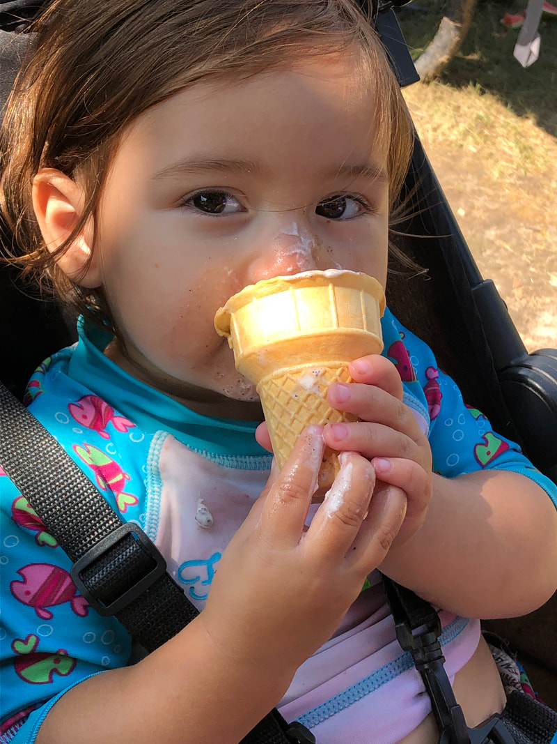 woodstock splashpad fun - baby eats first ice cream, southside park splashpad woodstock